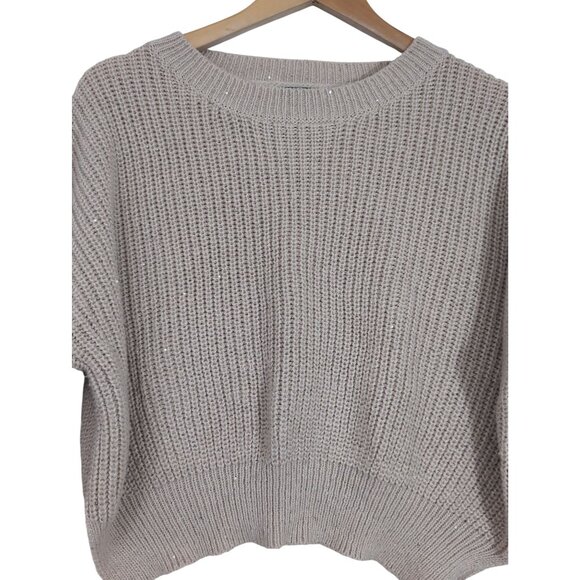 Debut Cropped Crewneck Sweater Womens S/M Beige Sequin Rib Knit Casual Everyday - Picture 2 of 9